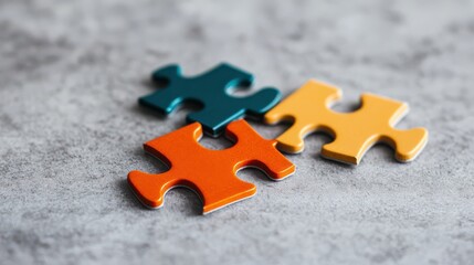 Obraz premium Three colorful puzzle pieces on a textured surface, symbolizing problem-solving and creativity.