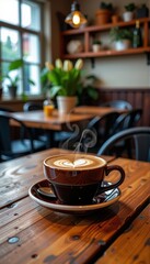 Steaming cappuccino in a ceramic cup rests on a rustic wooden table in a cozy cafe setting, steamy, coffee shop, cappuccino
