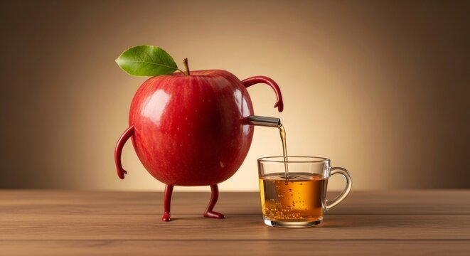 A conceptual image of a fresh red apple character with a built-in tap, pouring its own natural, healthy juice into a glass mug.