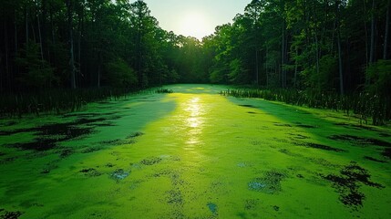 Swamp scenery with green algae bloom and golden sunlight