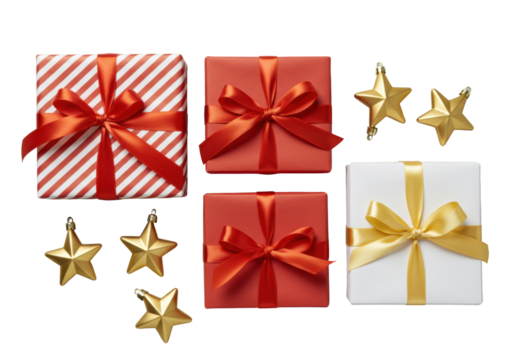 Four gift boxes (red/white striped, white, red), red/gold satin ribbons, gold stars, on transparent background, 45-degree angle. Festive commercial display concept