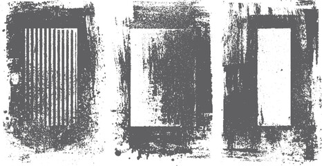 Set of grunge backgrounds with spray paint drains and black splashes texture. Dirty artistic vector design with ink blots splatters and grunge frame banners. 