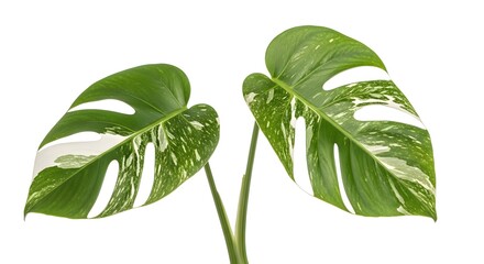Variegated monstera deliciosa plant leaves with white and green patterns isolated on white background