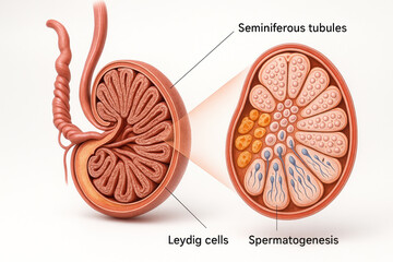 Anatomical illustration of the testis showing seminiferous tubules, Leydig cells, and spermatogenesis