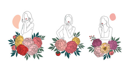 Abstract floral illustrations of women with dotted outlines and colorful flowers.