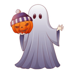 Vector illustration of a cute ghost holding a jack-o’-lantern pumpkin wearing a hat isolated on white. Funny and spooky Halloween character, perfect for greeting cards, posters, stickers, decorations.
