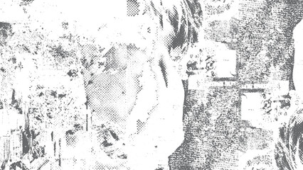 Old white grunge ripped torn collage posters creased crumpled paper placard texture background. An abstract paint splatter frame in black and white. 