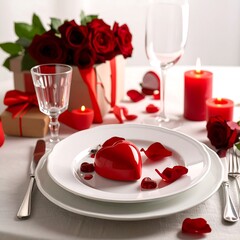 Romantic dinner setting with red roses and heart-shaped dessert