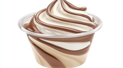 Swirled dessert in clear plastic cup, creamy texture