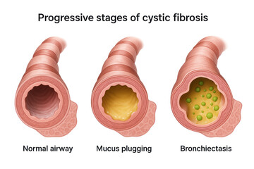 Progressive stages of cystic fibrosis depicted in a medical illustration, showing a healthy airway, mucus plugging, and bronchiectasis.