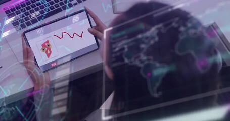 woman tapping NFT, fading others and drawing red trend line for market analysis over global map - Powered by Adobe