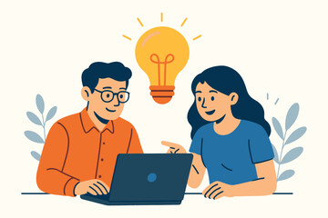 Two diverse colleagues collaborating on a laptop with a bright idea lightbulb above them