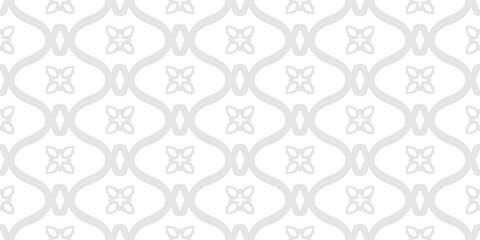 Abstract ornamental floral seamless pattern in folk style. Vector geometric texture with flower silhouettes, curved lines, grid, lattice. Subtle gray and white minimal background. Repeating design