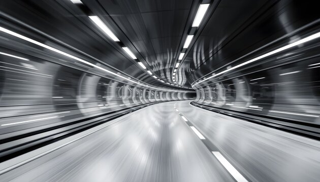 A long, modern, and brightly lit tunnel with a reflective floor, showing a sense of speed and futuristic design.