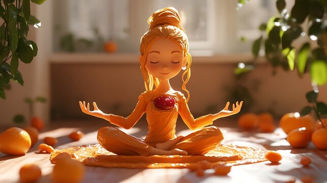 Orange character meditating in lotus pose with glowing heart isolated on white background
