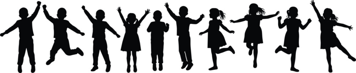 Children silhouette jumping, happy kids playing, group celebration outdoors, joyful childhood freedom, energetic youth silhouettes, teamwork fun, friendship, happiness, unity, lifestyle