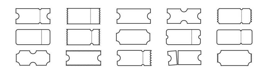Ticket and coupon vector template set. Blank admission and event passes, vouchers, raffle tickets for cinema, concert, theatre, and festival. Isolated paper illustration on transparent background.