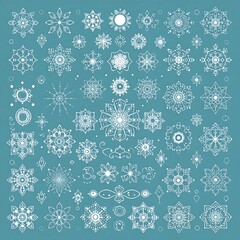 Intricate snowflake patterns on teal background