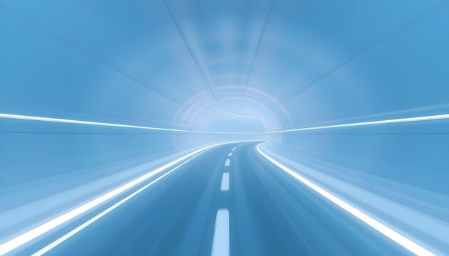 Abstract blue tunnel with light streaks on a road, suggesting speed and futuristic travel.