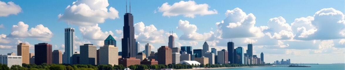 Obraz premium Iconic Chicago skyline featuring the Hancock building, a majestic skyscraper piercing the clouds, with a stunning cityscape backdrop, light, Chicago, modern