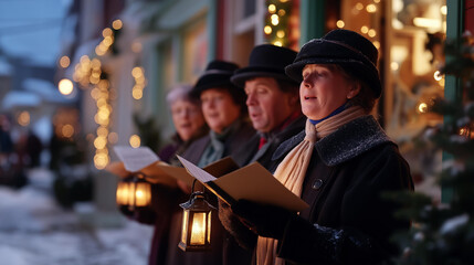 Carolers in Victorian style coats sing door to door in a quaint village holding lantern lit songbooks snow blanketing rooftops and streets porch lights and candles in windows