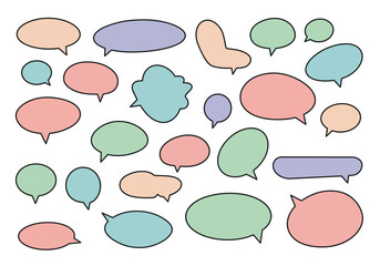 A collection of colorful outlined speech and thought bubbles scattered on a white background