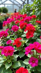 Lush geranium plants thrive in a bright greenhouse, vibrant blooms and healthy foliage filling the space, growth, indoor plants