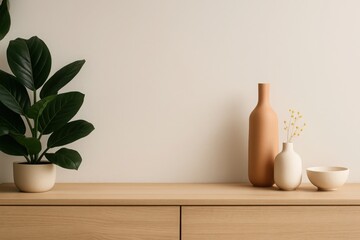 Minimalist home decor with green plant and ceramic objects on wooden surface illustration