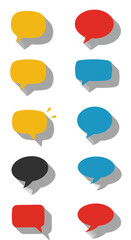 A vertical arrangement of ten colorful speech bubbles with drop shadows