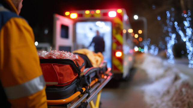 Paramedics attend a winter emergency stretcher ready and kits open team coordinated bokeh from ambulance doors adding urgency vital healthcare response with copy space