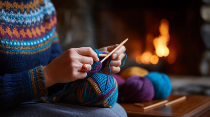 A knitter crafts scarves with colorful yarn by a fireside needles clicking rhythmically yarn balls rolling bokeh from flame reflections enhancing coziness relaxing indoor