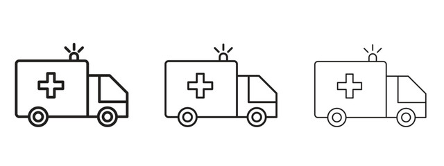 Ambulance icons in thin line symbols with editable strokes
