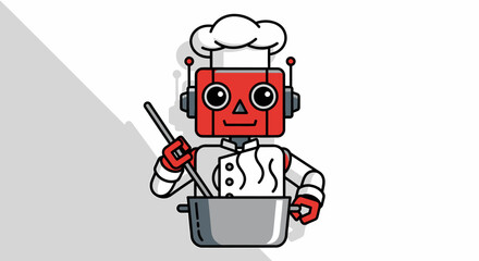 A cartoon robot chef wearing a chef's hat and uniform, stirring a pot with a ladle.