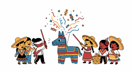 Illustration of joyful children in traditional Mexican clothing breaking a colorful donkey piñata at a festive party.