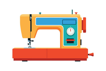 Illustration of a vintage sewing machine the machine is yellow and red, with a classic design and a retro aesthetic