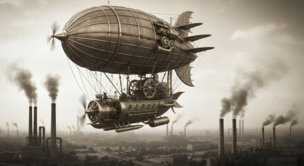 Steampunk Zeppelin Airship Flying Over Industrial Factory With Smoke In Retro Monochrome Style