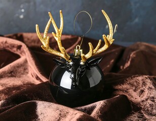 Black Christmas ornament with gold antlers on brown velvet