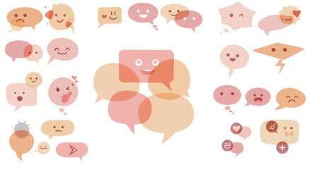 Overlapping colored speech bubbles with stylized cartoon faces illustrating emotions