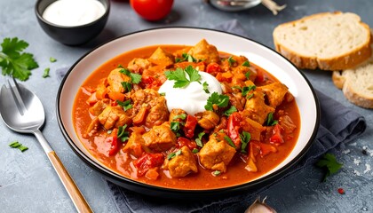 Plated stew with tomatoes, chicken, parsley, and a dollop of cream, next to bread