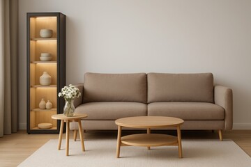 Modern living room with comfortable sofa display cabinet and coffee table decor illustration