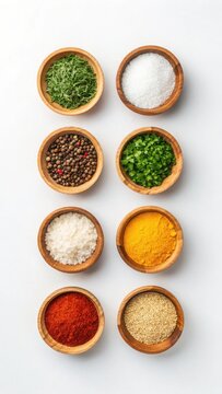 Overhead shot of eight wooden bowls with various spices isolated on white background, top view, vertical