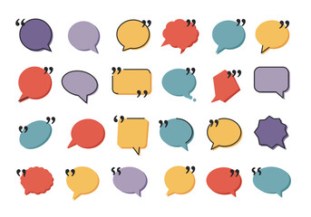 Various colorful stylized speech bubbles with quotation marks