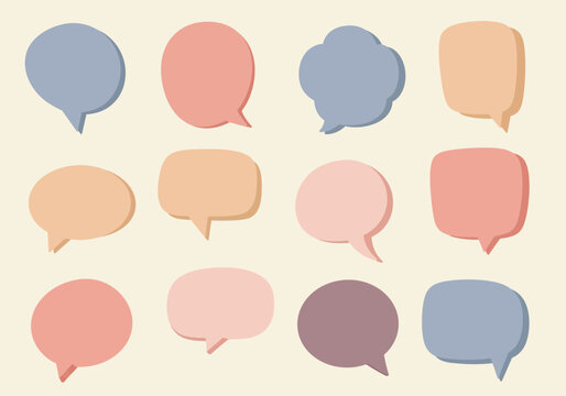 Twelve multicolored 3D speech bubbles arranged in a threerow grid