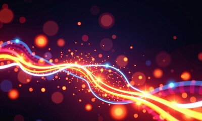 Fototapeta premium Electric burst trail, vibrant neon stream, bright glowing starry particles. Intense light streaks against a dark background creating a dynamic, energetic compo, glitter, electric burst