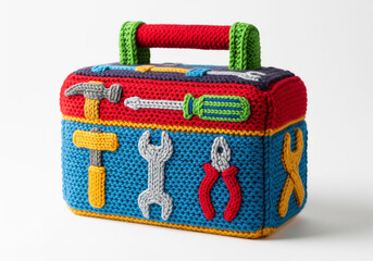 Handcrafted colorful crochet toy toolbox filled with soft fabric tools hammer, wrench, screwdriver. Ideal for playful children's learning and charming nursery decoration