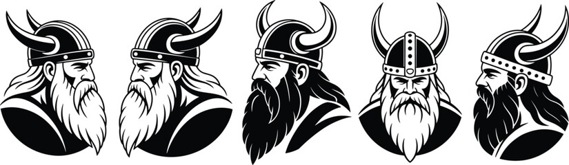 Viking warrior helmet illustration, Norse mythology inspired bearded fighters, ancient Scandinavian character design, black and white vector artwork
