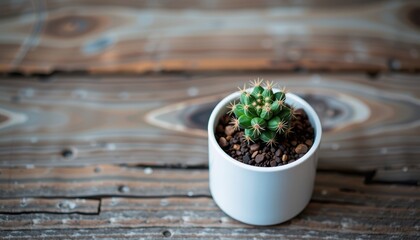 Small cactus in a minimalist white ceramic pot sits on a rustic wooden surface, white pot, minimal
