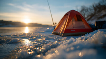 An ice fisherman sets up a tent on a lake gear unpacked carefully rod propped nearby bokeh from frozen surface cracks adding texture prepared winter outdoor hobby with copy