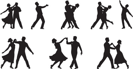 PrintDancing couple silhouette, ballroom elegance, black outline, graceful pose, romantic movement, choreography art, twirl and dip, social dance, rhythm, style