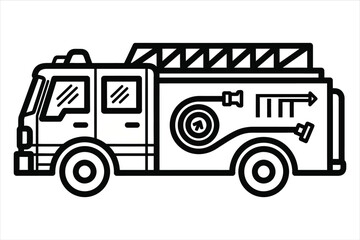 Vector art of a line drawing of a fire truck with a ladder on top and a hose on the side the truck is facing right and has a siren on top